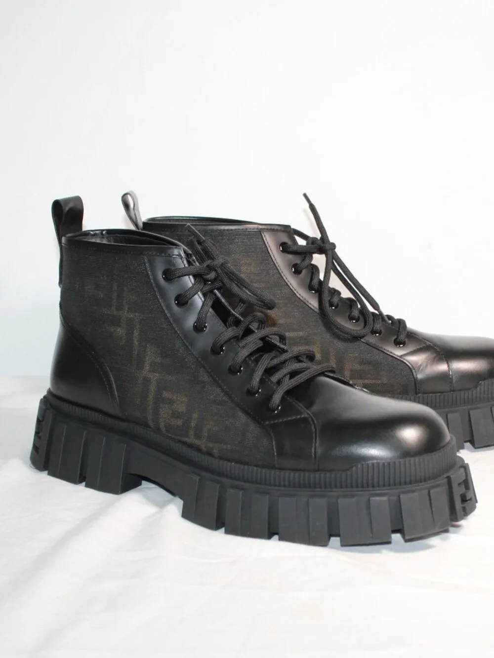 NEW FENDI Force Biker Boots FF Jacquard Canvas Lace Up Lug Sole Mens 12